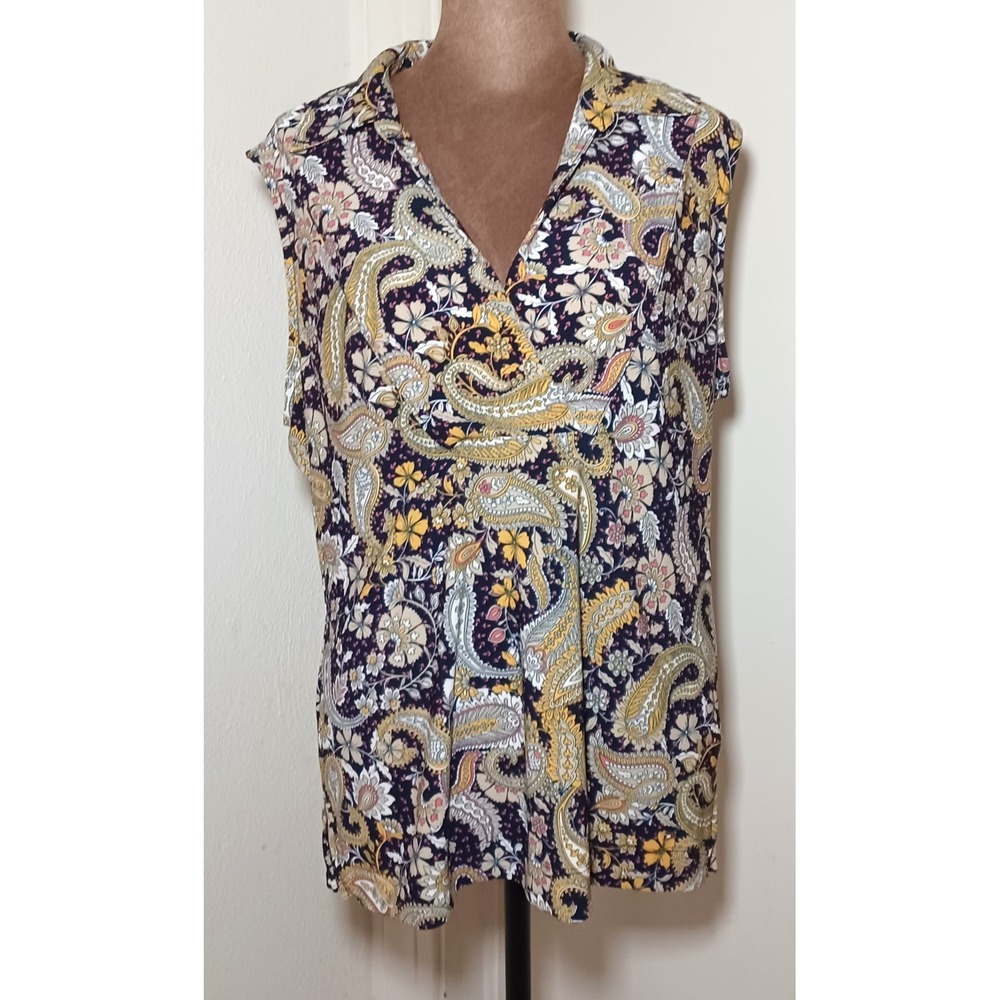 Tommy Hilfiger Women M Paisley Floral‎ Sleeveless V-Neck Blouse Navy Gold Preppy